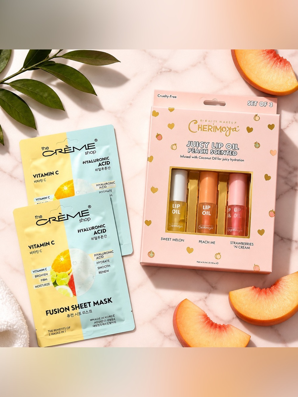 NIB Cherimoya Juicy Lip Oil Set of 3 & The Creme Shop 2 Fusion Sheet Masks